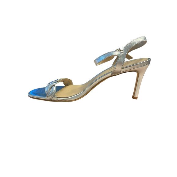 STUART WEITZMAN Twisted Stiletto Heel Sandals Leather Ankle Strap Silver Size 8 - Picture 6 of 10